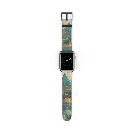 Misty Horizon Apple Watch band with watch face featuring layered mountain landscape with misty sky in teal and gold tones