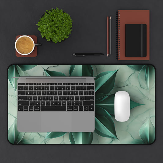 Emerald Bloom desk mat in workspace with keyboard showing rich emerald floral artwork