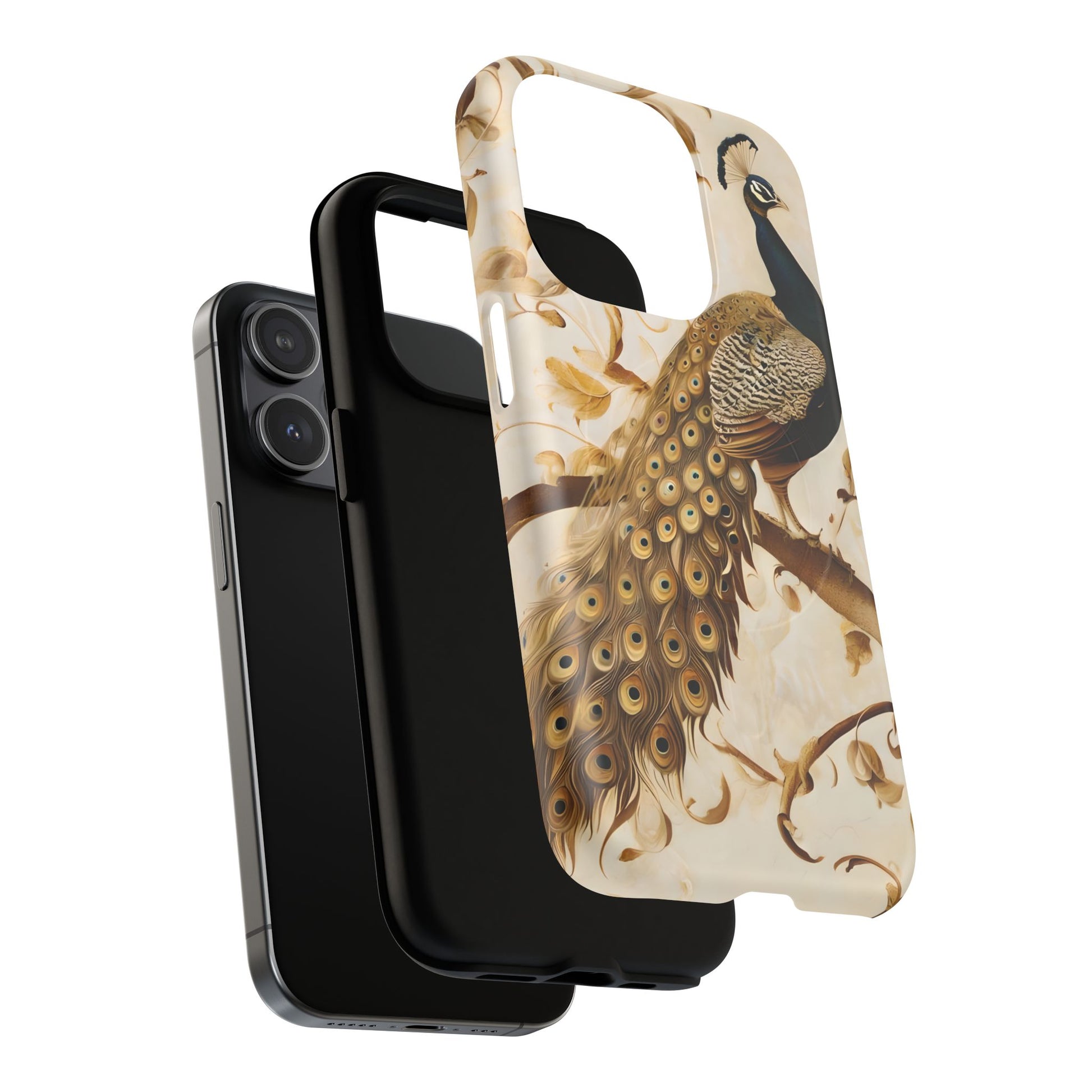 Golden Plumage - Luxe Peacock Art iPhone 15 Pro Phone Case - MagSafe Compatible - Elegant Gold & Cream Design