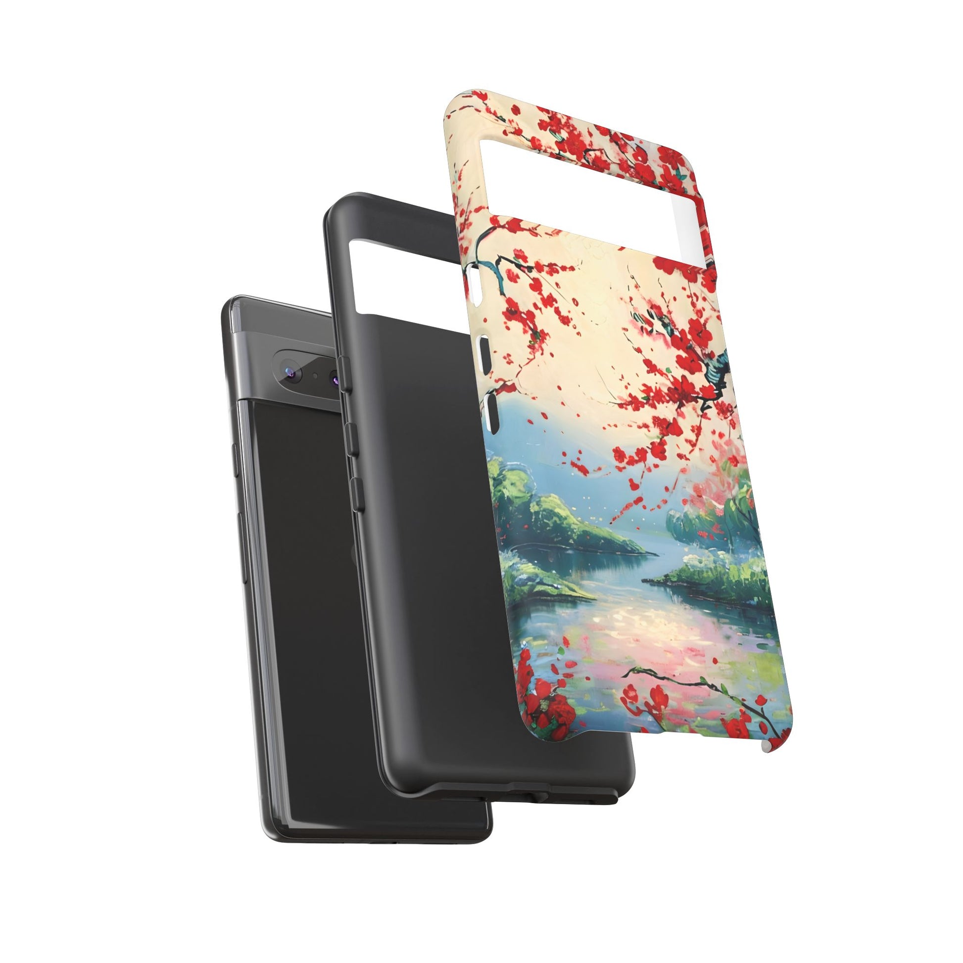 Crimson Blossom Lake - Artistic Floral Landscape Google Pixel 7 Tough Phone Case - Red Cherry Blossoms & Serene Lake Design
