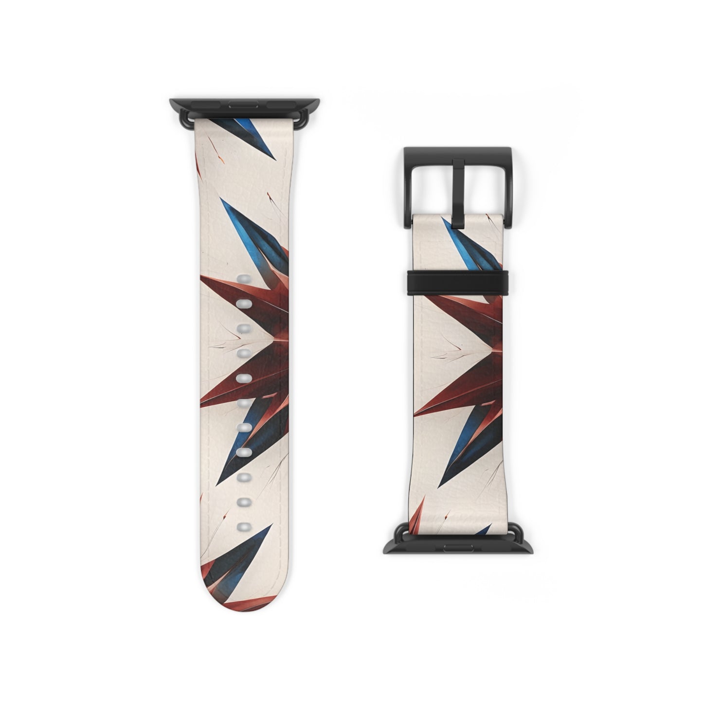 Garnet Starburst Apple Watch band strap with black clasp displaying geometric starburst pattern in red, white and blue