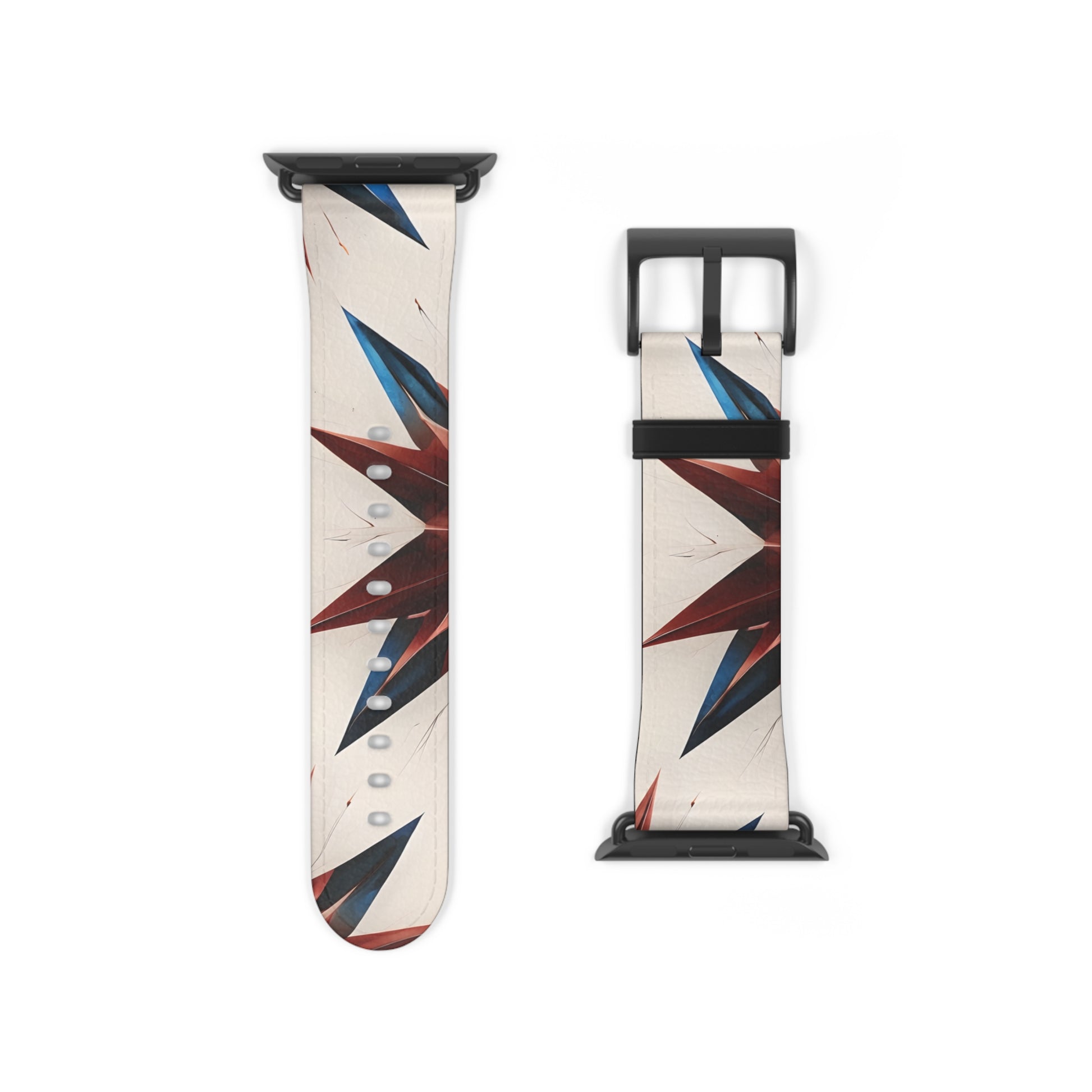 Garnet Starburst Apple Watch band strap with black clasp displaying geometric starburst pattern in red, white and blue