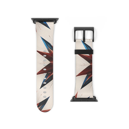 Garnet Starburst Apple Watch band strap with black clasp displaying geometric starburst pattern in red, white and blue