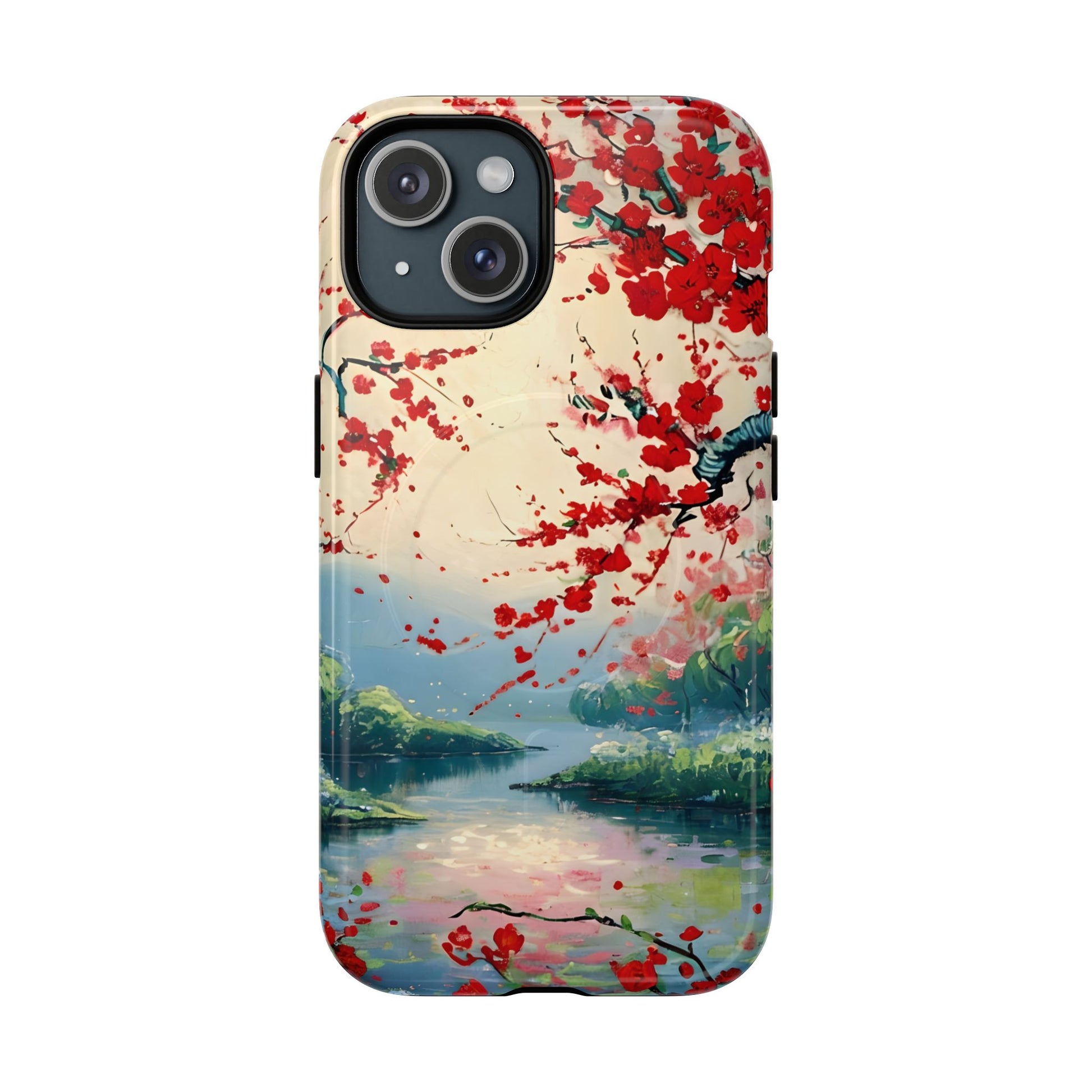 Crimson Blossom Lake - Artistic Floral Landscape iPhone 15 MagSafe Phone Case - Red Cherry Blossoms & Serene Lake Design