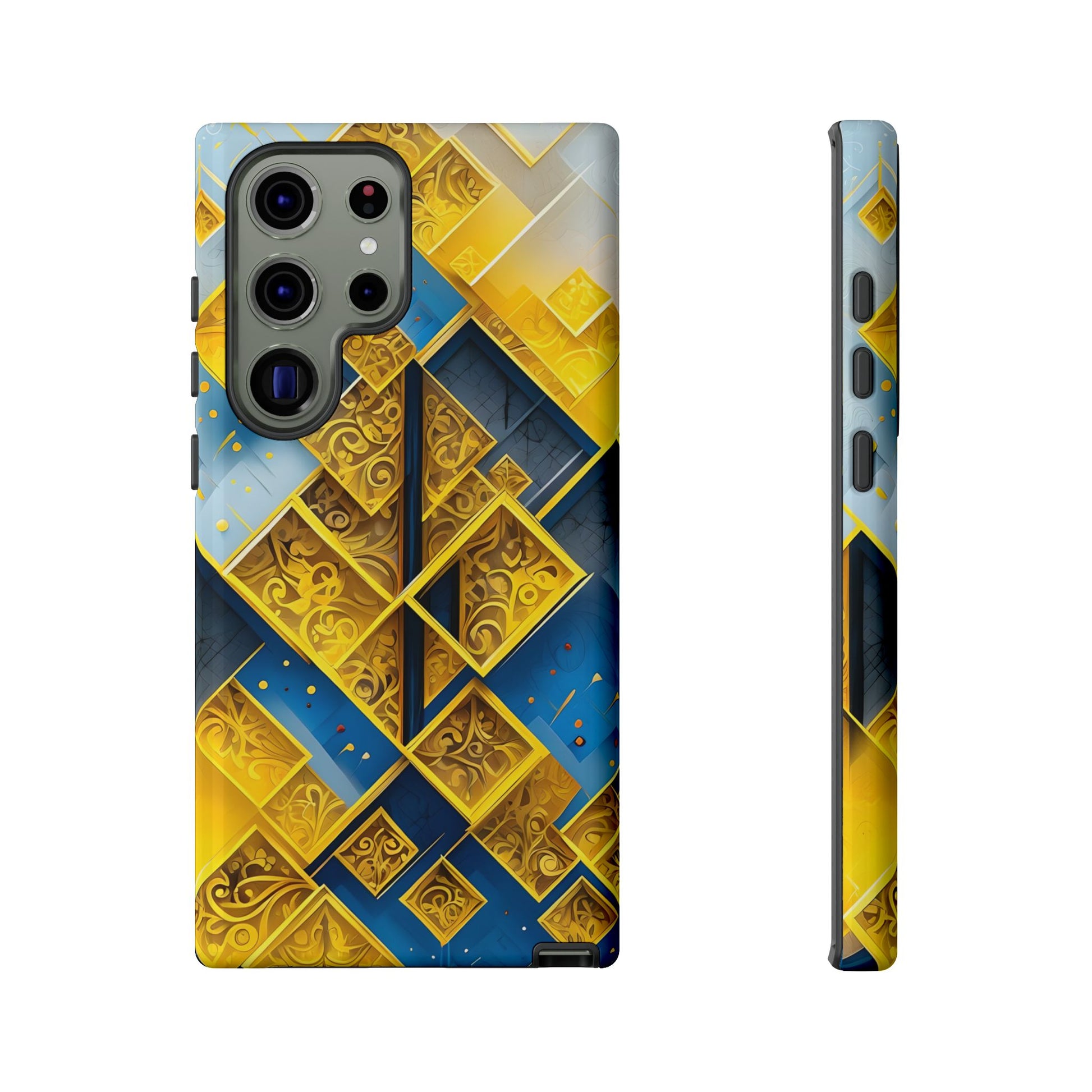 Golden Ascent geometric gold and blue wraparound Samsung Galaxy phone case front and side view