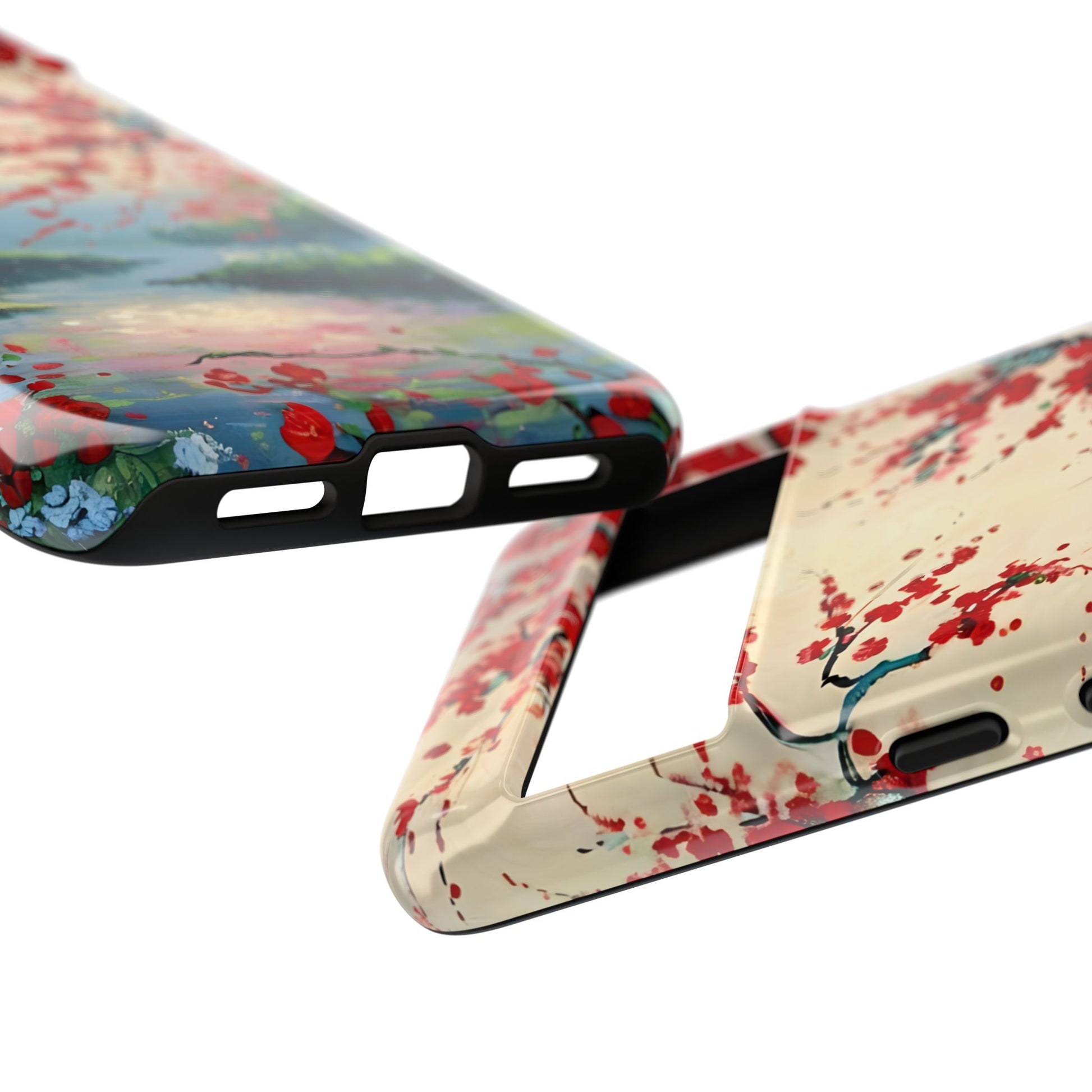 Crimson Blossom Lake - Artistic Floral Landscape Google Pixel 8 Pro Tough Phone Case - Red Cherry Blossoms & Serene Lake Design