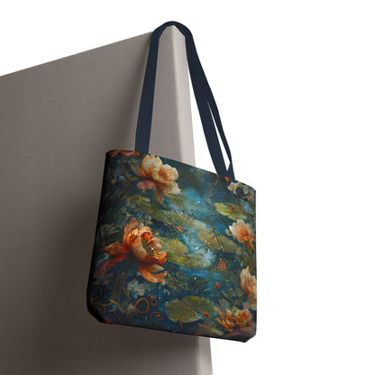 Waterlily Nocturne canvas tote bag hanging with serene nocturne waterlily design