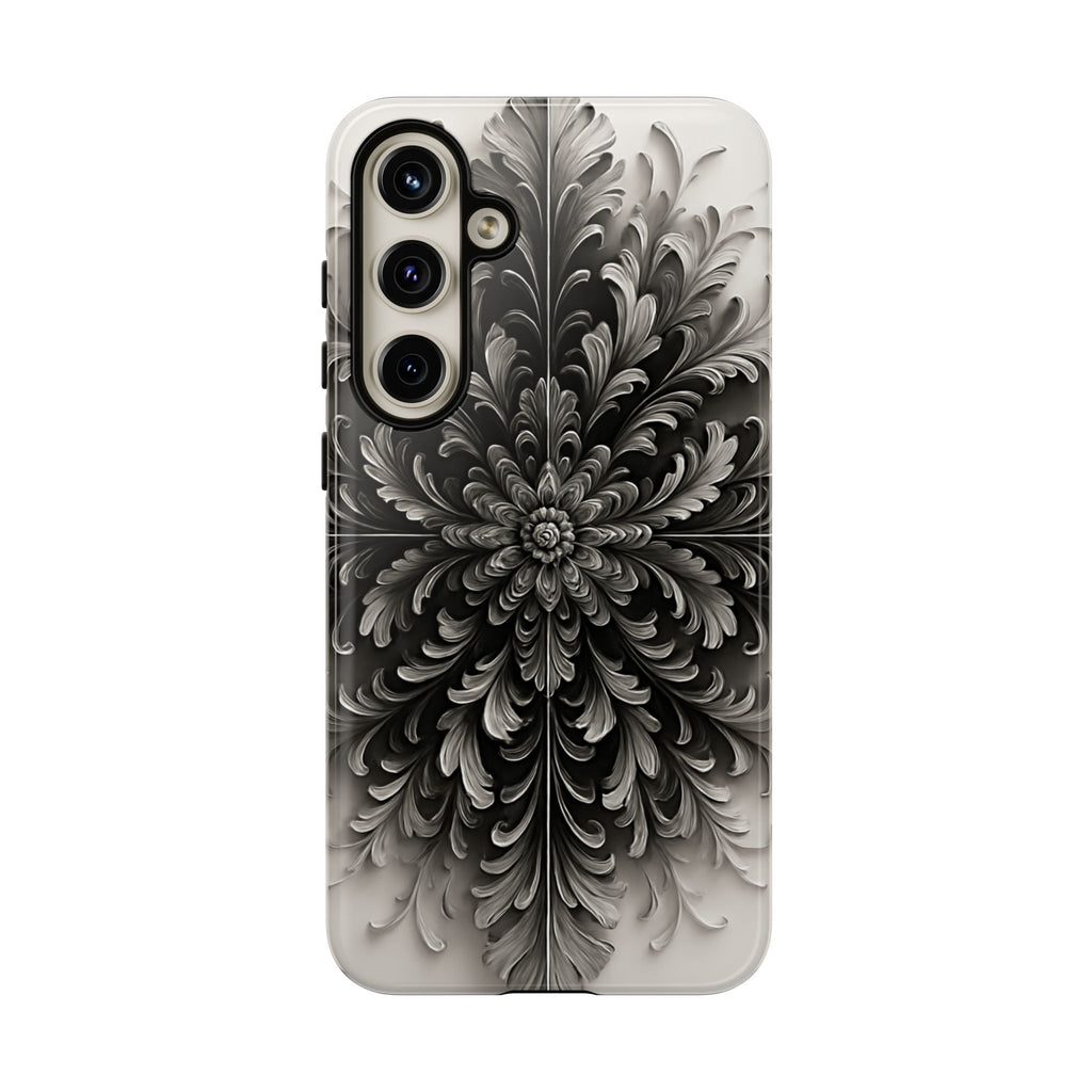 Obsidian Bloom - Elegant Black & White Samsung Galaxy S24 Plus Tough Phone Case - Intricate Mandala Flower Design