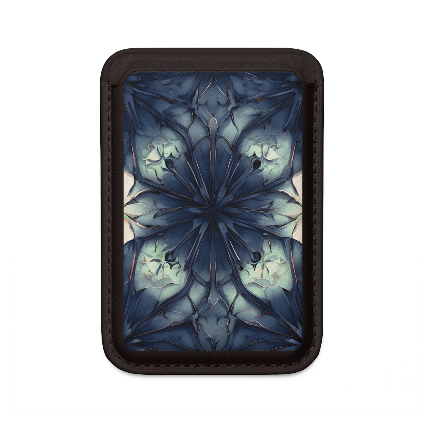 Indigo Mosaic MagSafe card holder with blue mosaic floral pattern on black magnetic wallet.