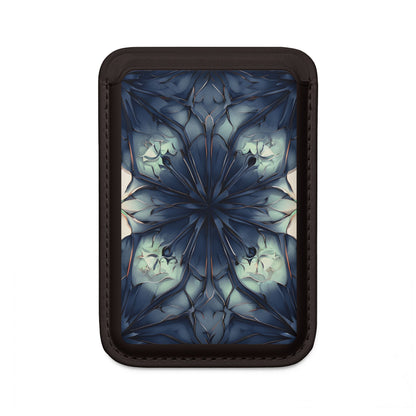 Indigo Mosaic MagSafe card holder with blue mosaic floral pattern on black magnetic wallet.