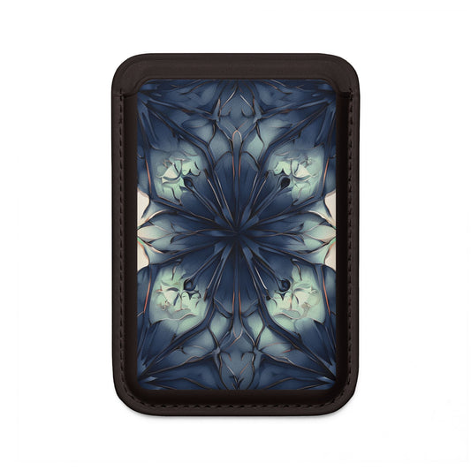 Indigo Mosaic MagSafe card holder with blue mosaic floral pattern on black magnetic wallet.