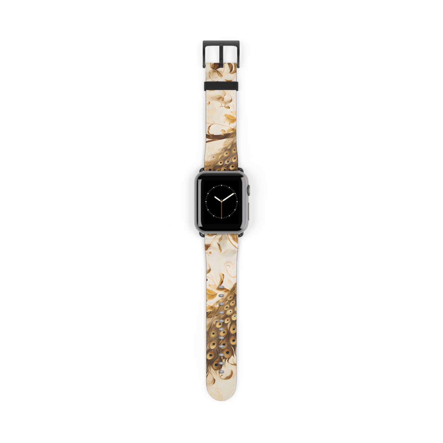 Golden Plumage Apple Watch band with watch face featuring elegant gold feather pattern on a soft ivory background