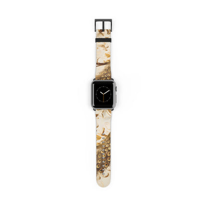 Golden Plumage Apple Watch band with watch face featuring elegant gold feather pattern on a soft ivory background