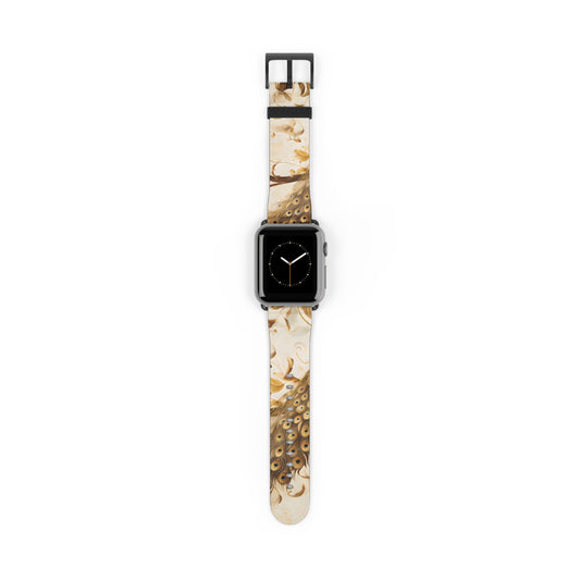 Golden Plumage Apple Watch band with watch face featuring elegant gold feather pattern on a soft ivory background