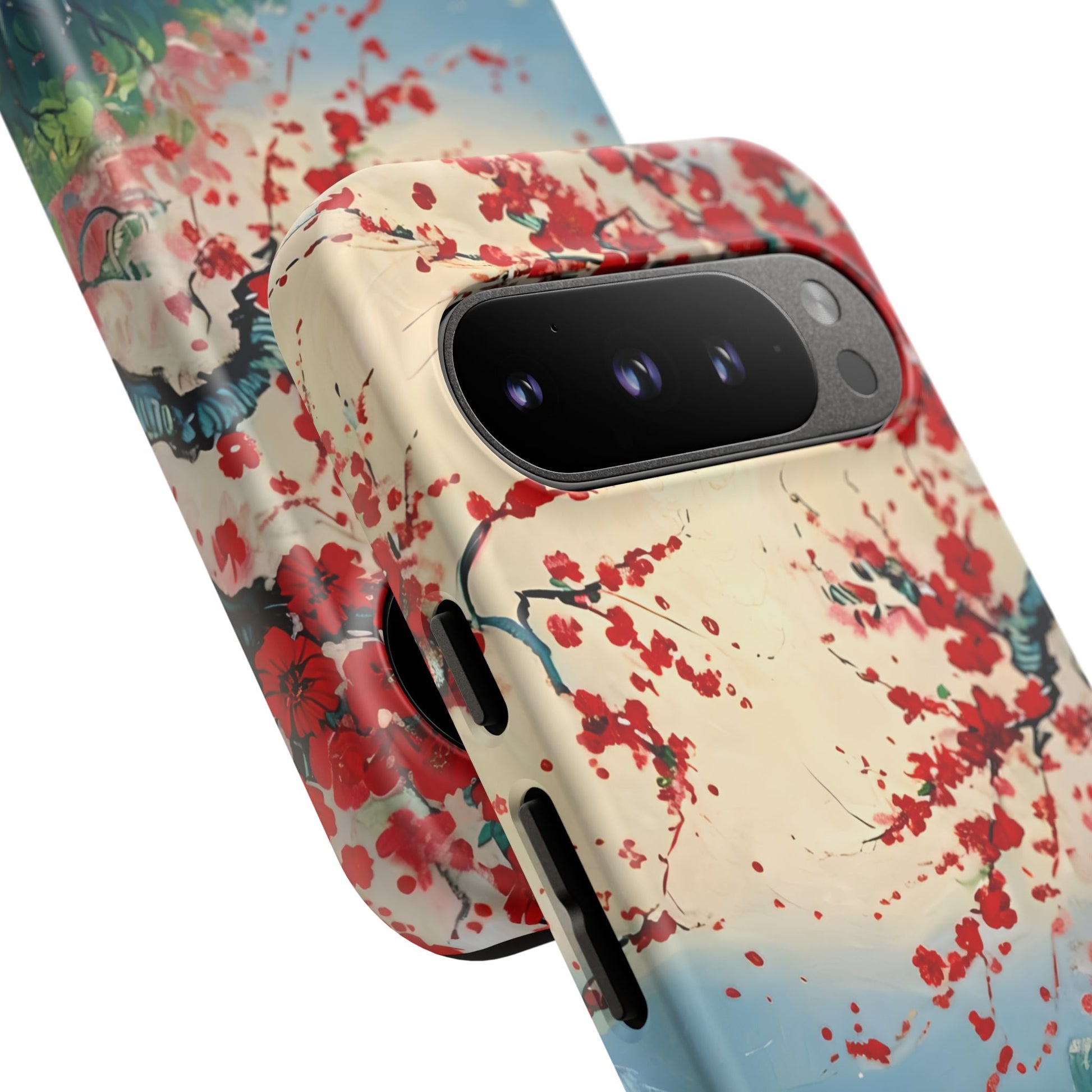 Crimson Blossom Lake - Artistic Floral Landscape Google Pixel 9 Pro Tough Phone Case - Red Cherry Blossoms & Serene Lake Design