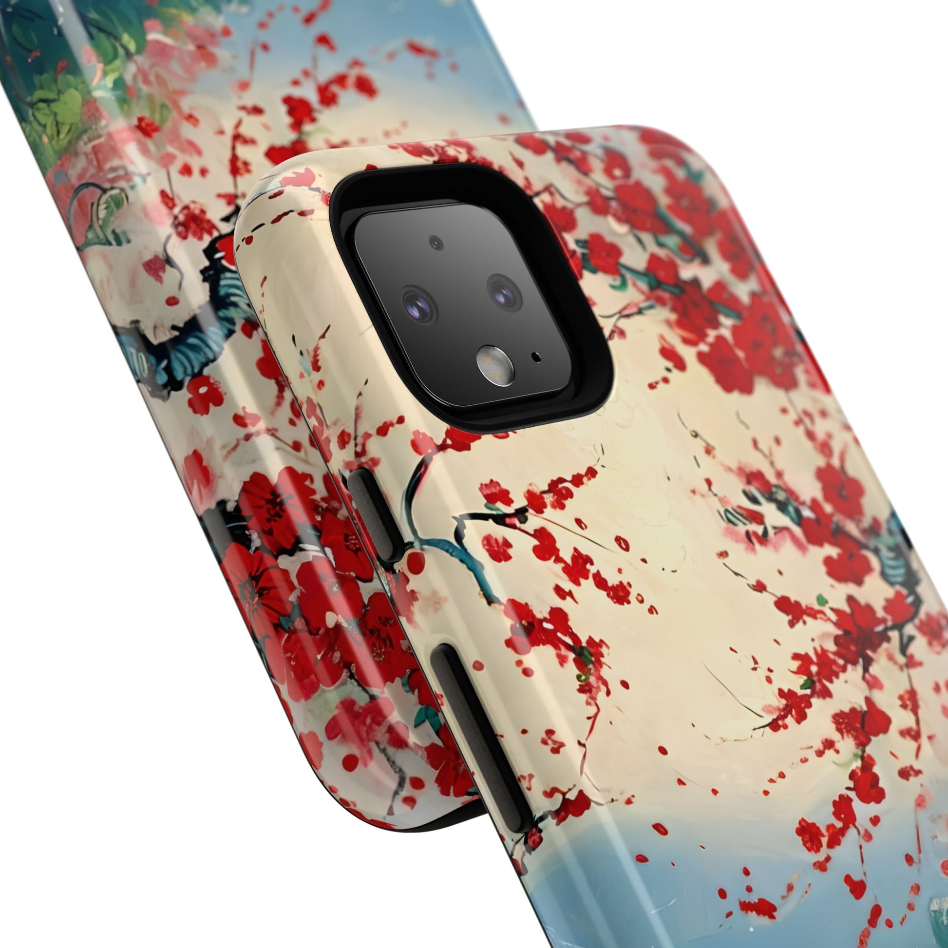 Crimson Blossom Lake - Artistic Floral Landscape Google Pixel 4 Tough Phone Case - Red Cherry Blossoms & Serene Lake Design