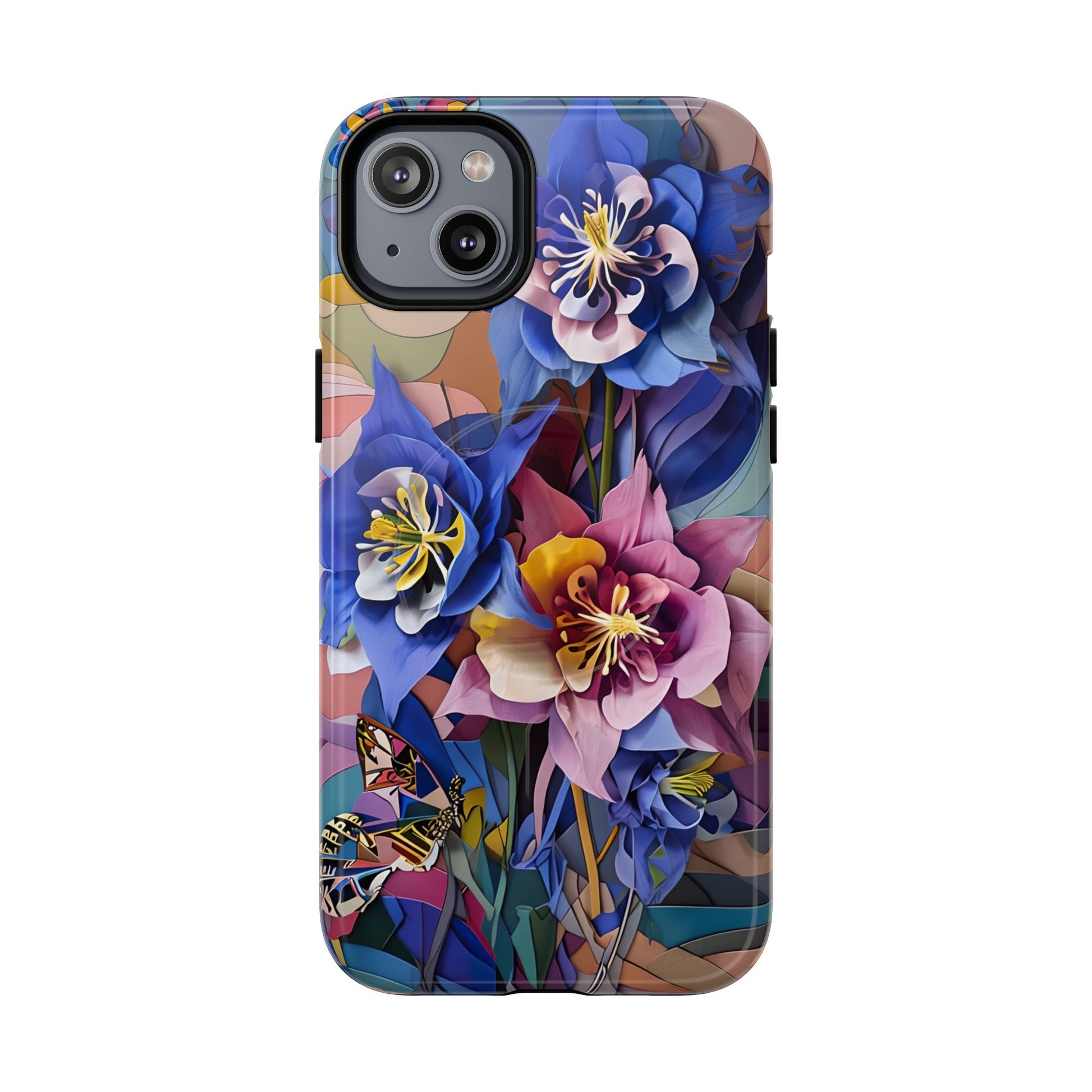 Blue Columbine Carnivale - Artistic Floral & Butterfly iPhone 14 Plus MagSafe Phone Case - Vibrant Botanical Design