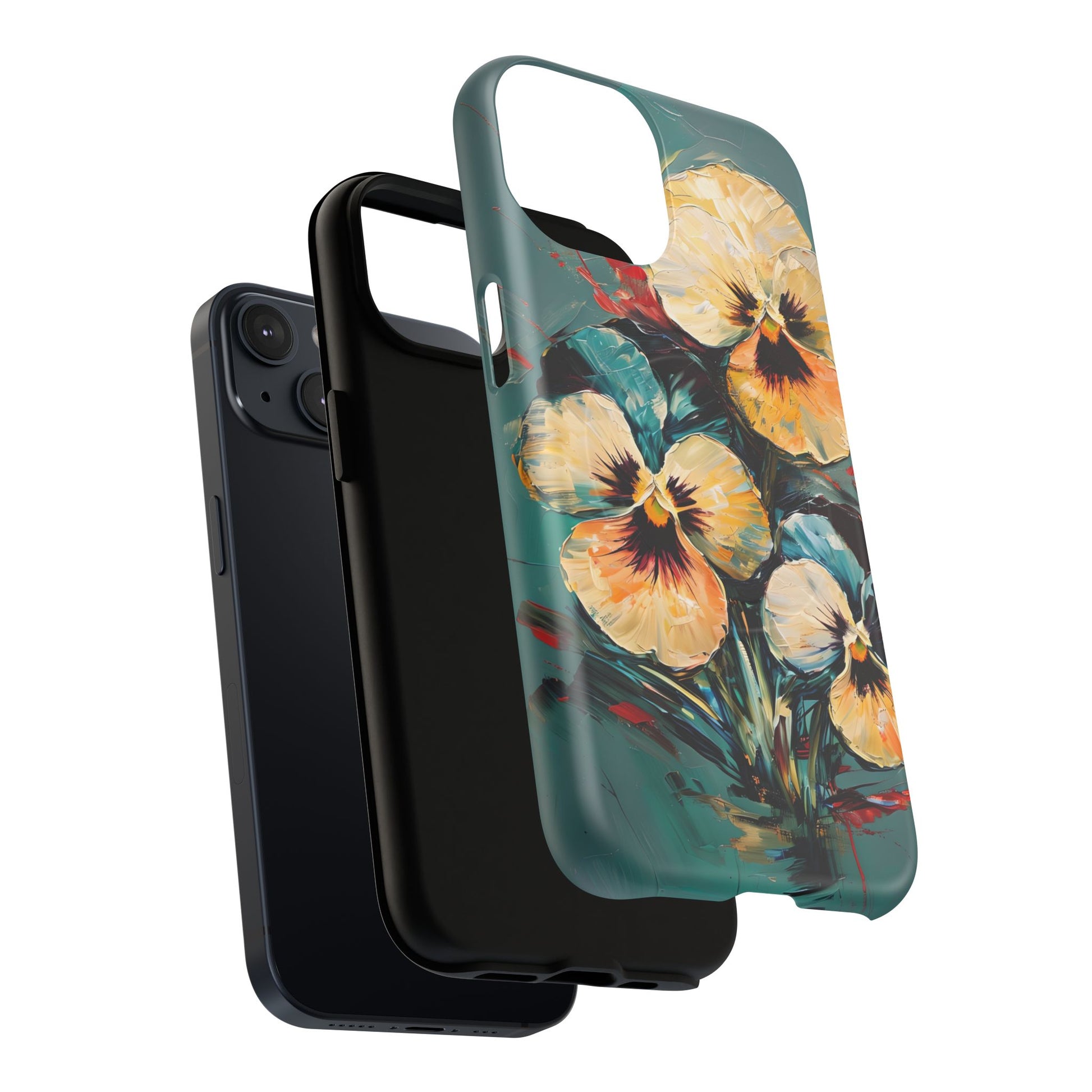 Golden Pansy Cascade - Elegant Floral iPhone 14 MagSafe Case with Deep Teal Background
