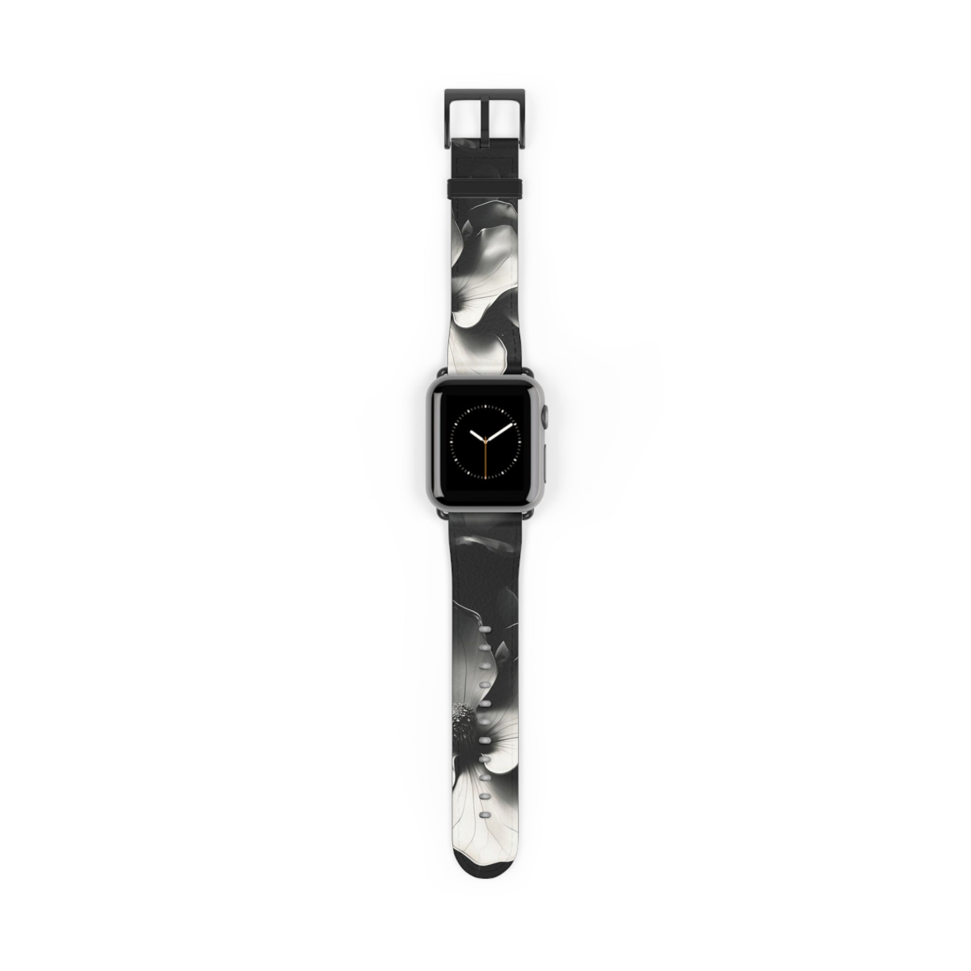 Monochrome Magnolia Apple Watch band with watch face featuring elegant black and white magnolia flower artwork