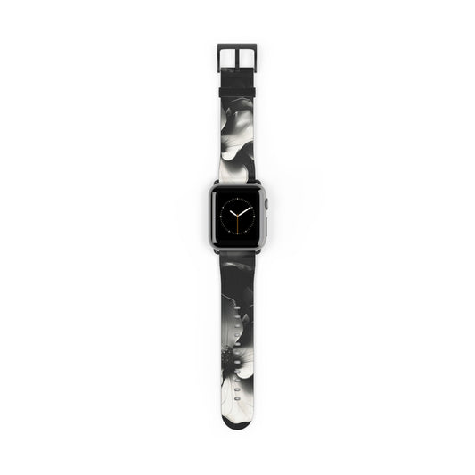 Monochrome Magnolia Apple Watch band with watch face featuring elegant black and white magnolia flower artwork