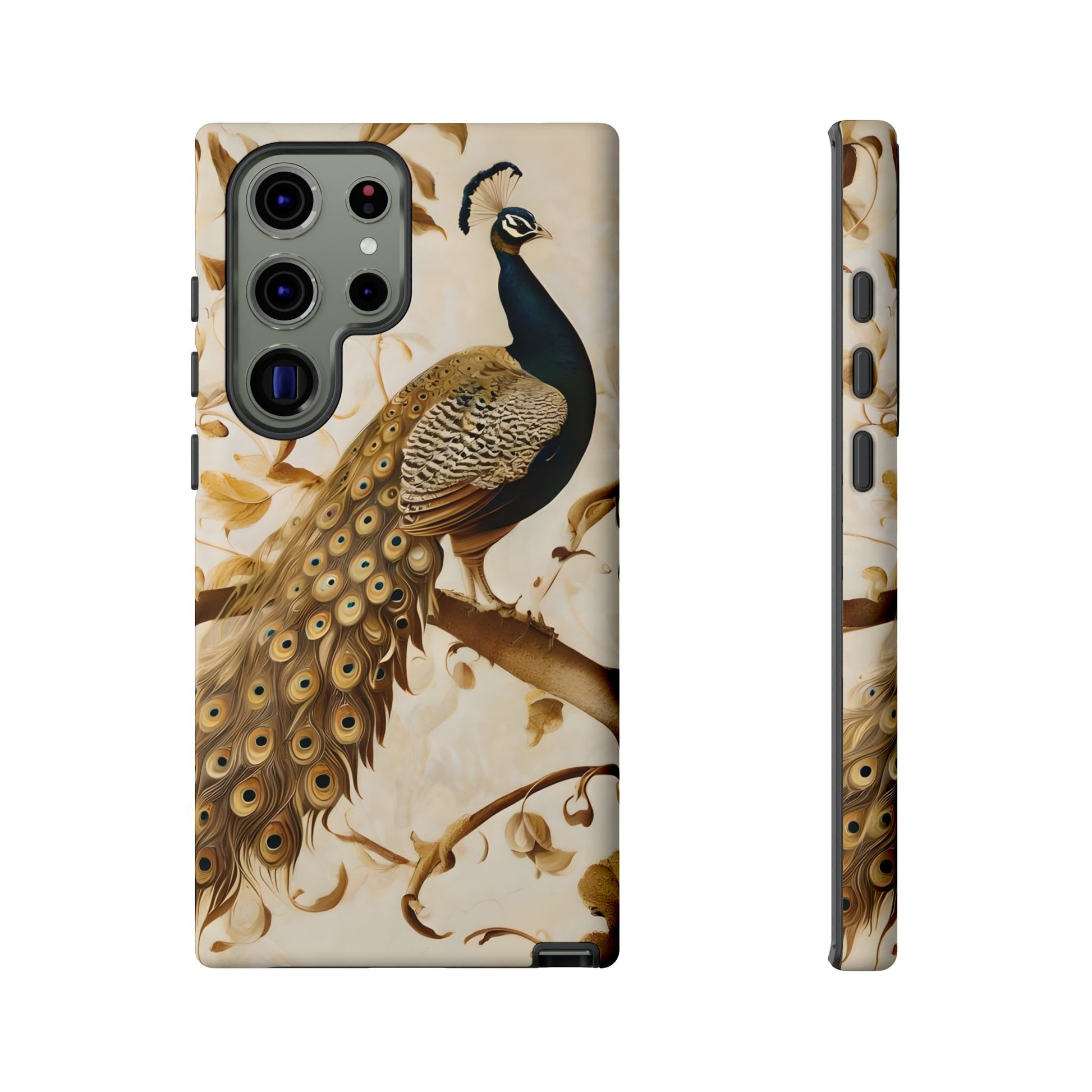 Golden Plumage - Luxe Peacock Art Samsung Galaxy S23 Ultra Phone Case - Elegant Gold & Cream Design
