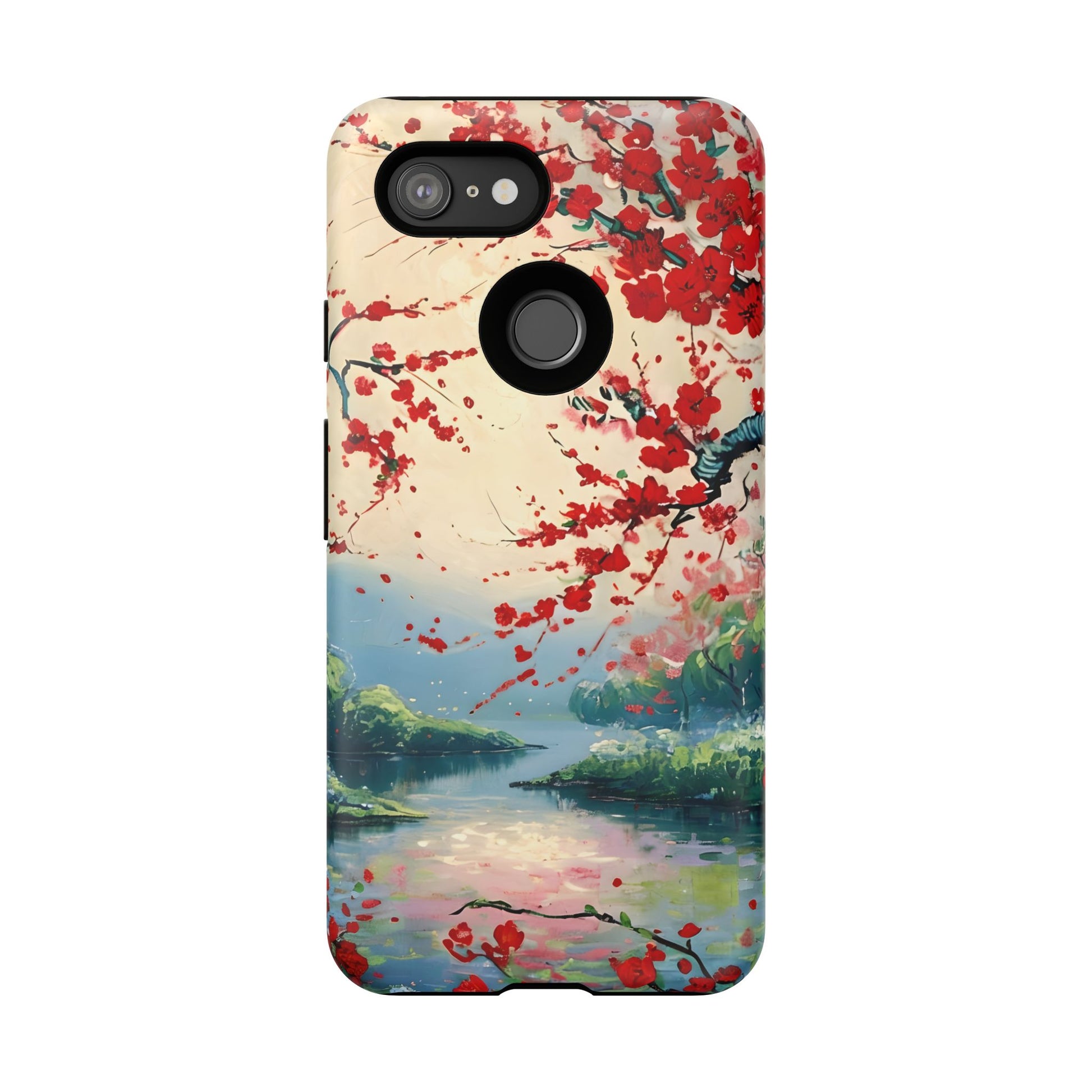 Crimson Blossom Lake - Artistic Floral Landscape Google Pixel 3 Tough Phone Case - Red Cherry Blossoms & Serene Lake Design