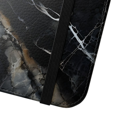 Close view of Obsidian Vein marble iPhone wallet flip phone case with elastic closure