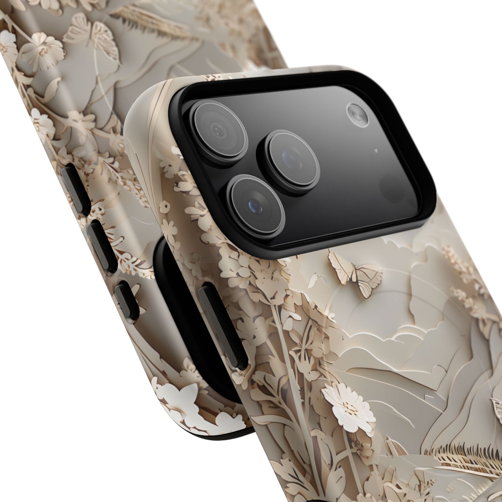 Angled view of Moonlit Garden iPhone MagSafe protective phone case with large camera cutout