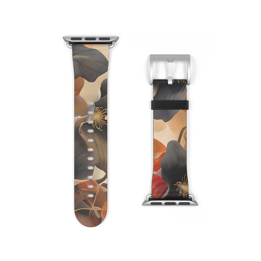 Autumn Ember Apple Watch band strap with silver clasp showing autumn leaf pattern in warm amber and brown tones