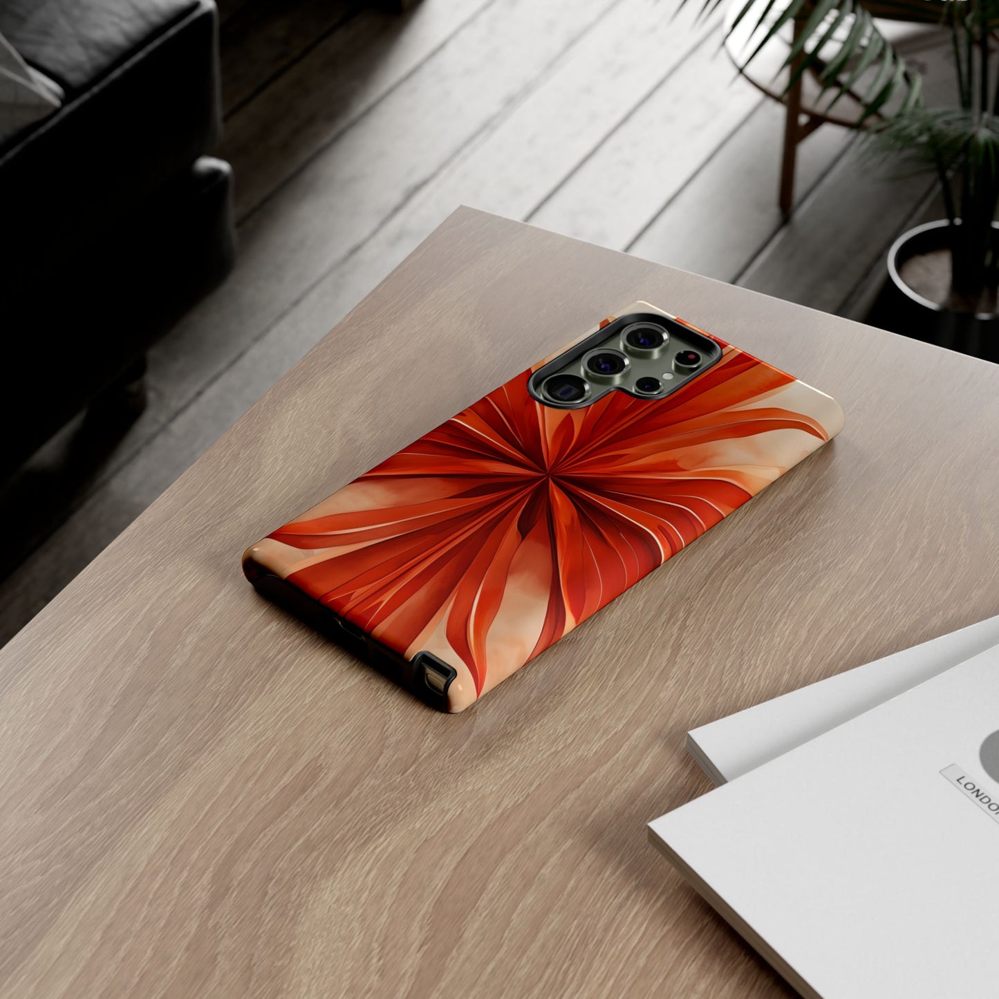 Sunset Fleur orange floral Samsung Galaxy phone case lifestyle desk scene