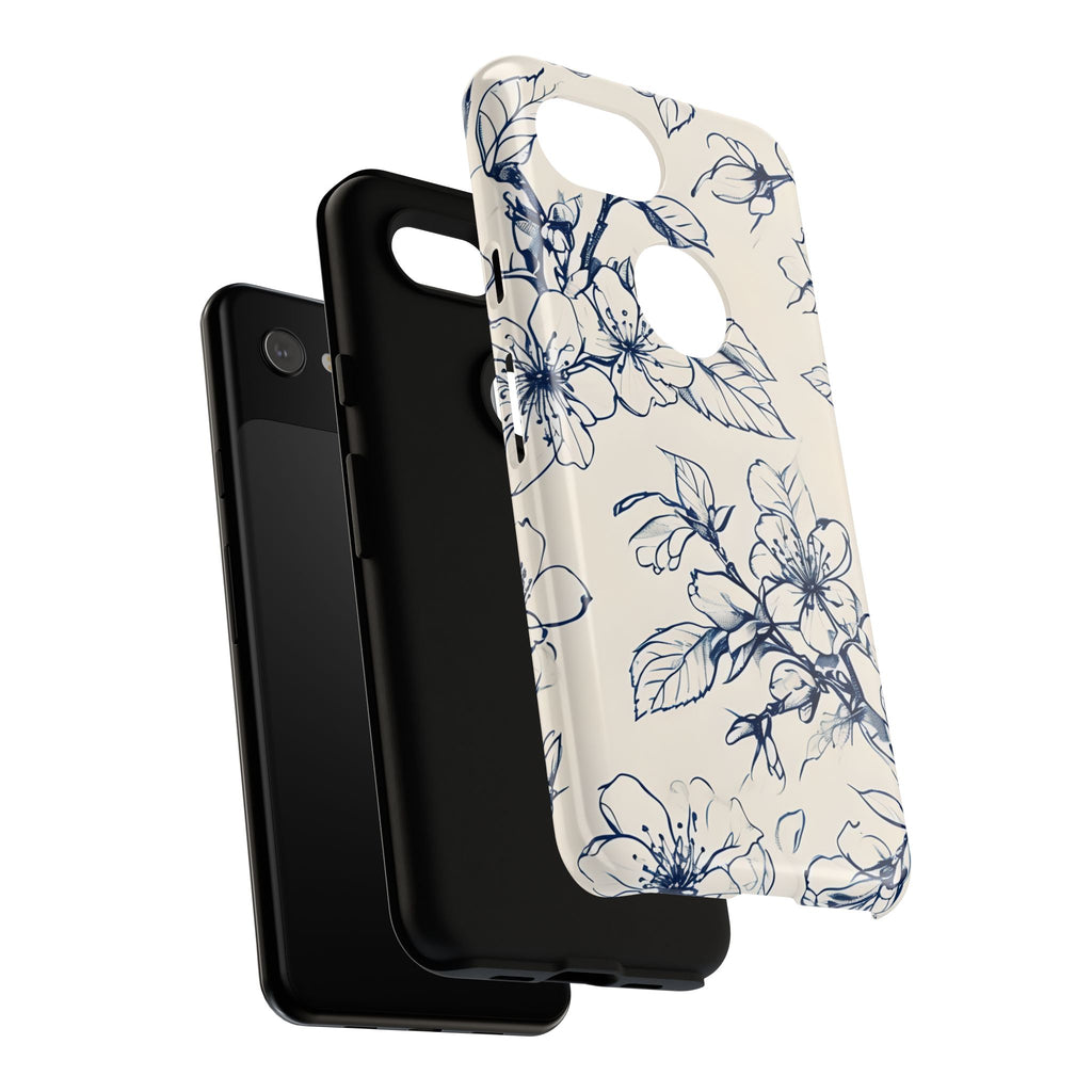 Blossom Sketch - Artistic Blue Floral Google Pixel 3a - Tough Phone Case - Hand-Drawn Botanical Design