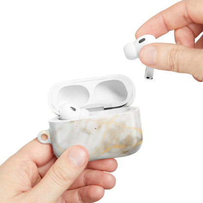 Hand placing AirPods into Golden Vein AirPods case with white marble vein design
