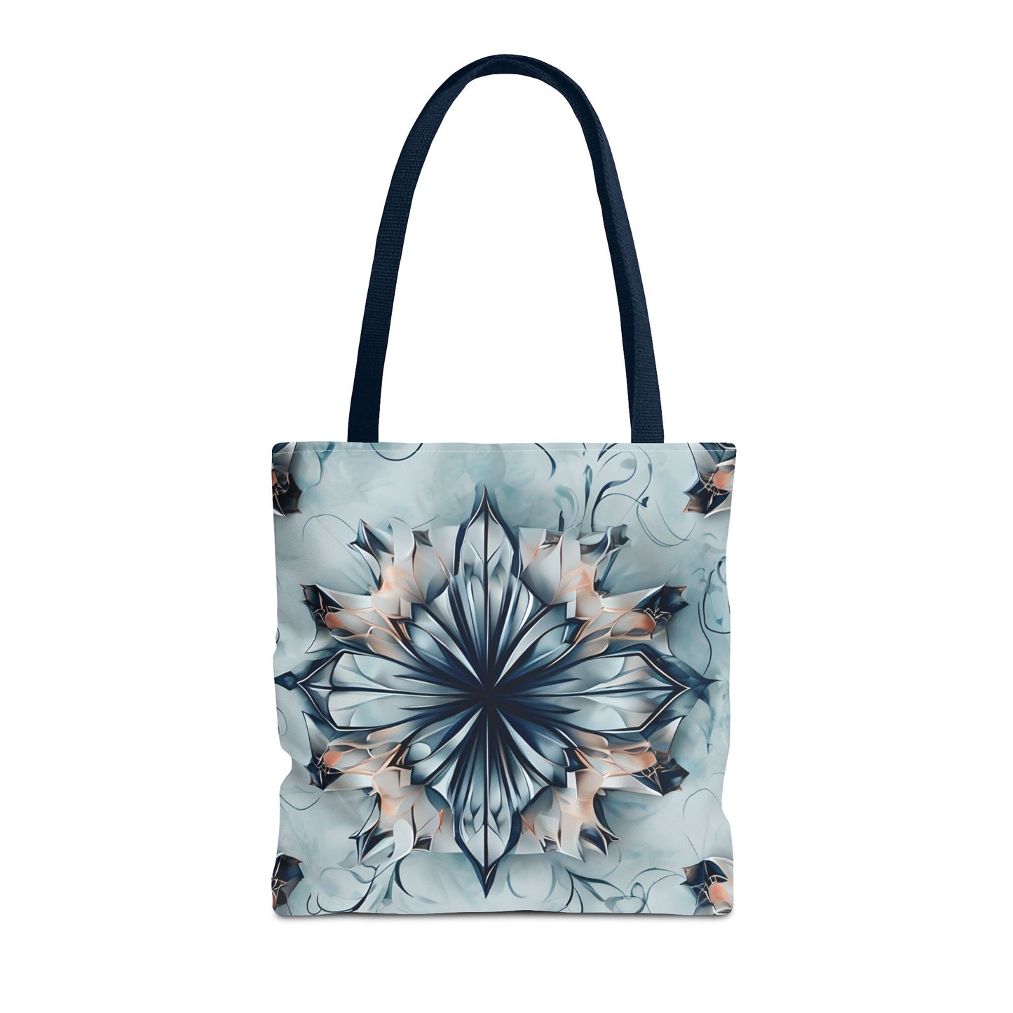Indigo Mirage canvas tote bag featuring soft indigo abstract pattern with navy handles