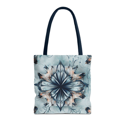 Indigo Mirage canvas tote bag featuring soft indigo abstract pattern with navy handles