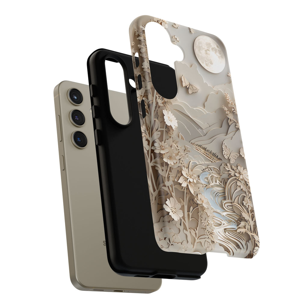 Moonlit Garden - Elegant Neutral Floral Samsung Galaxy S24 Tough Phone Case - Painterly Botanical & Moon Design