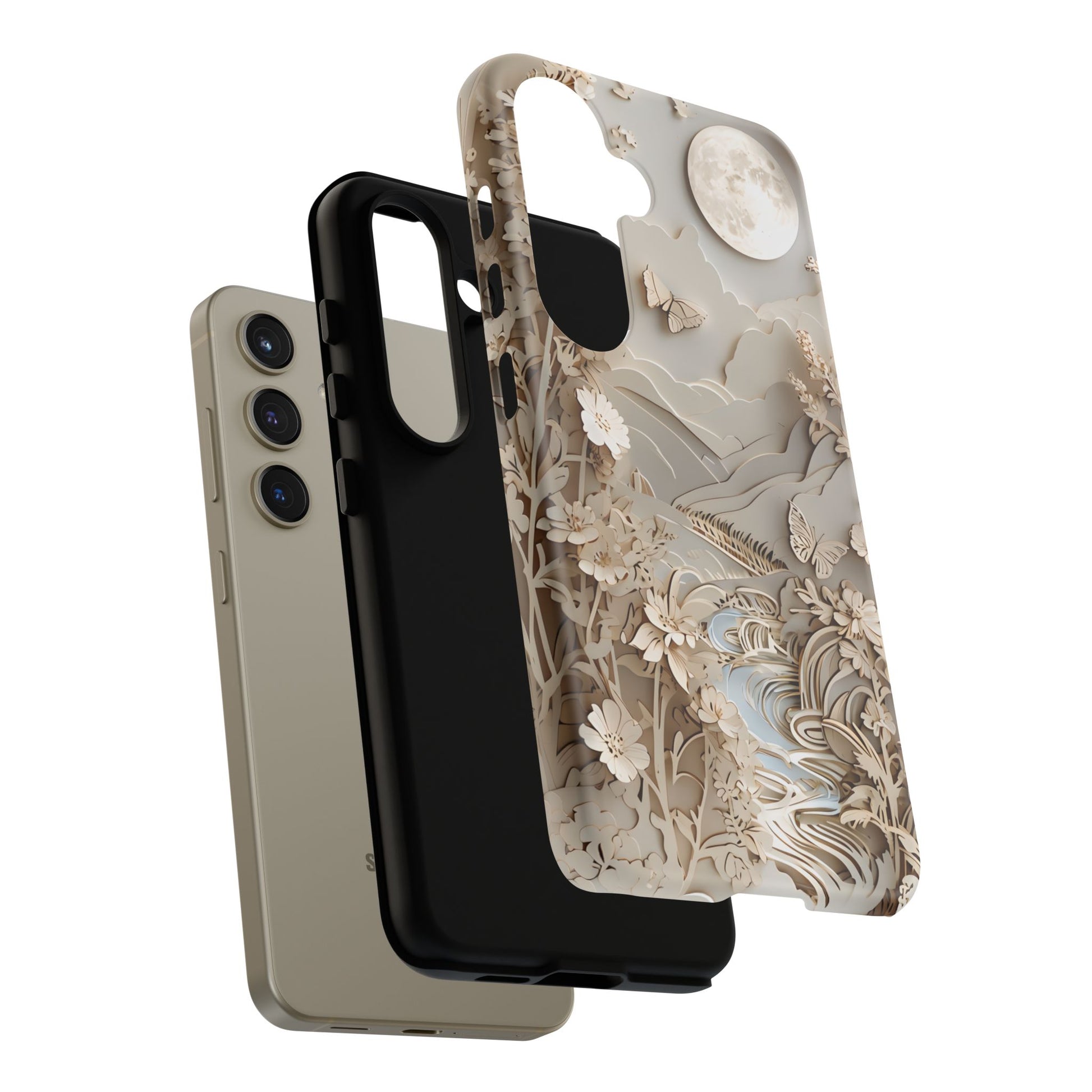 Moonlit Garden - Elegant Neutral Floral Samsung Galaxy S24 Tough Phone Case - Painterly Botanical & Moon Design