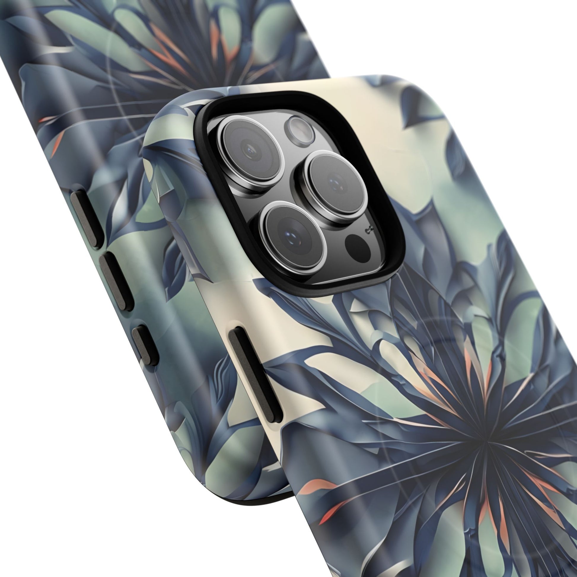 Frosted Indigo Bloom - Artistic Kaleidoscope Collection Artistic Floral - iPhone 16 Pro Max MagSafe Phone Case -Blue Symmetrical Design