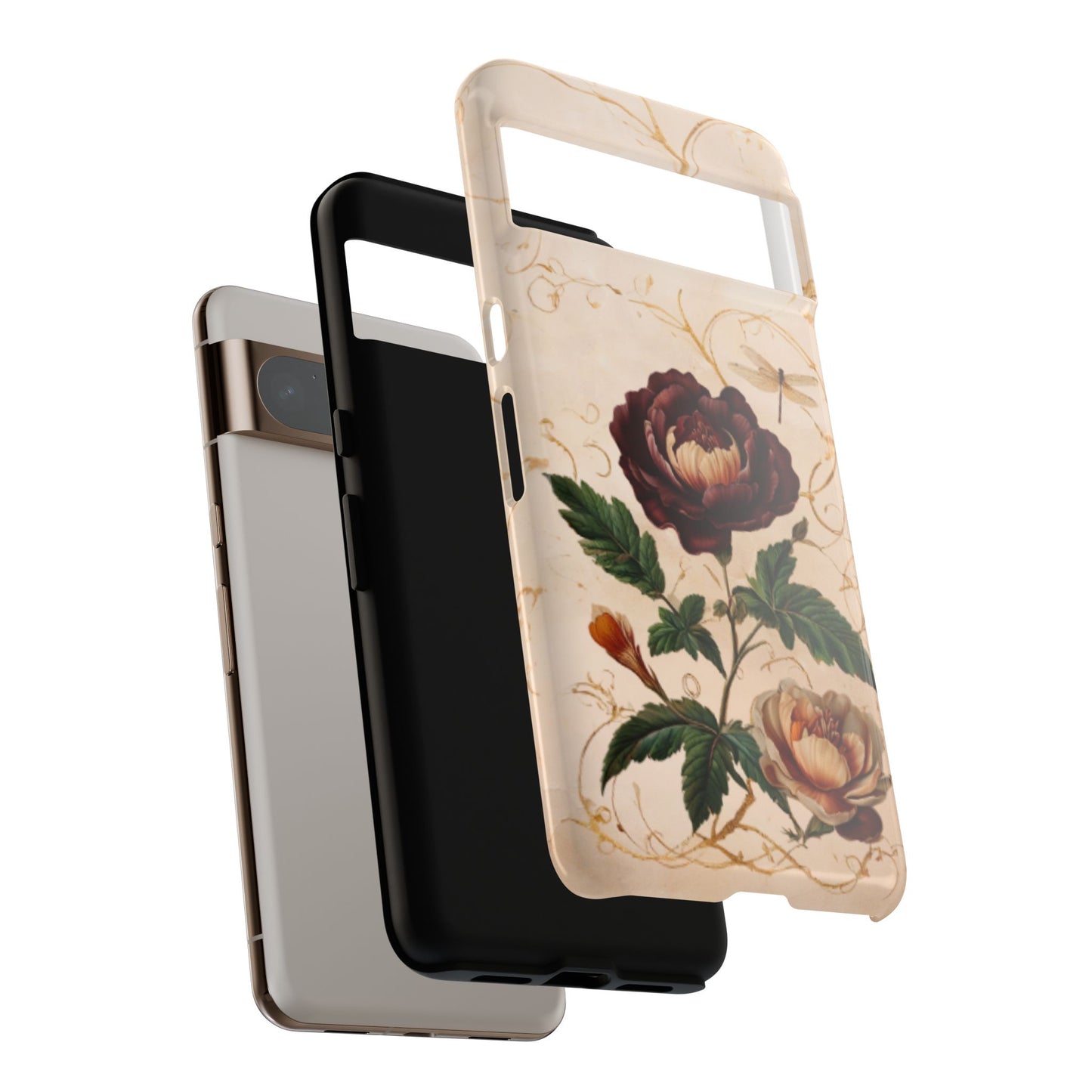 Vintage Burgundy Rose shockproof dual layer Google Pixel phone case with botanical rose design