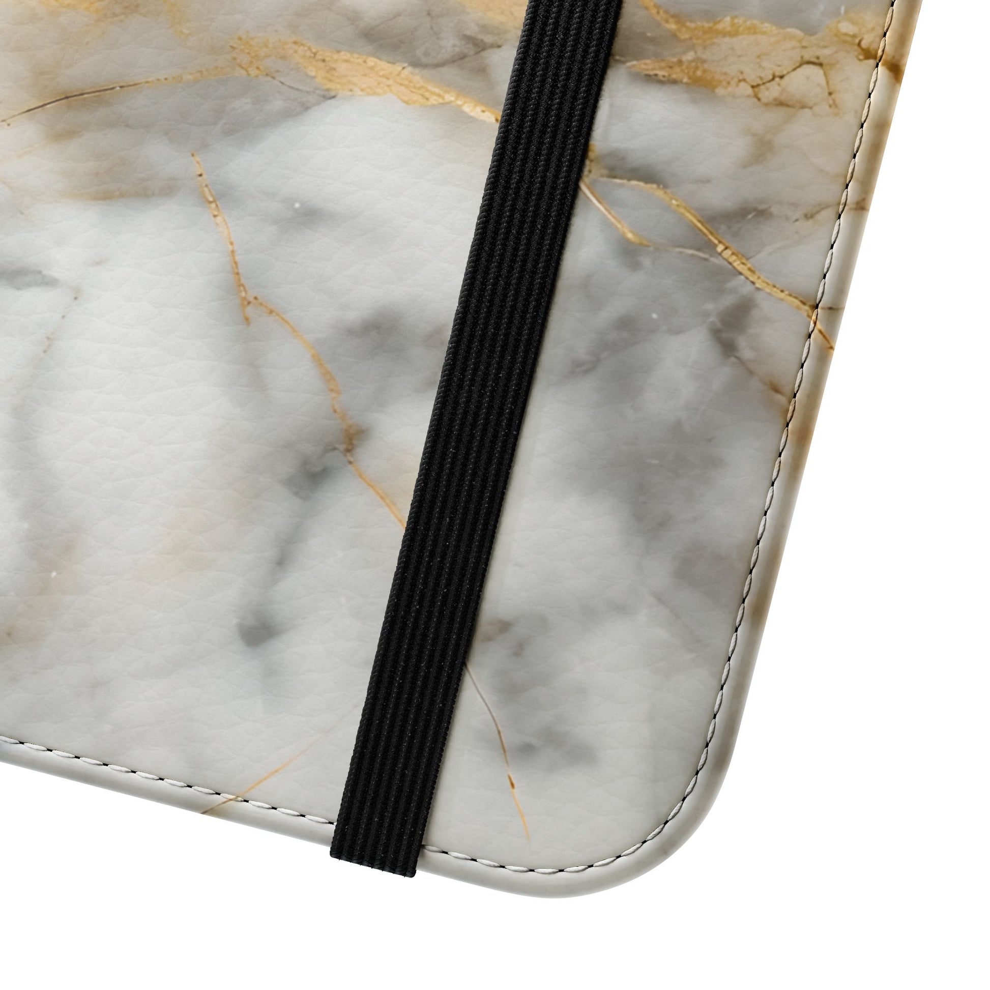 Close up view of faux leather Golden Vein marble iPhone wallet flip phone case with elastic closure