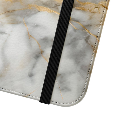 Close up view of faux leather Golden Vein marble iPhone wallet flip phone case with elastic closure