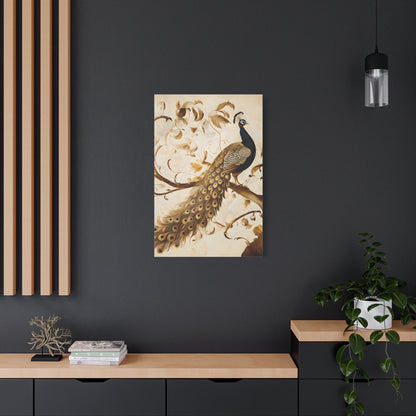 Golden Plumage wall art canvas displayed on a dark accent wall in a modern living room