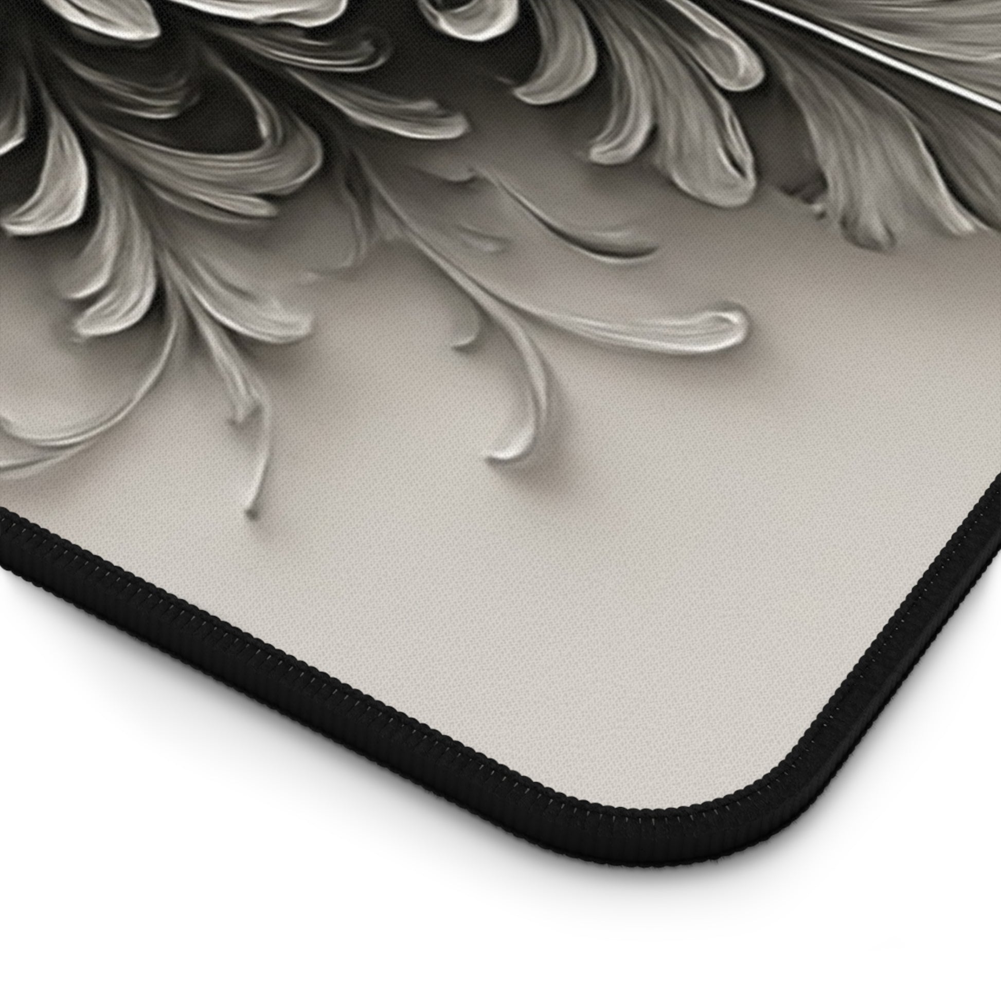 Close-up of Obsidian Bloom desk mat showing detailed dark floral artwork