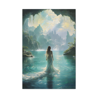 Celestial Tides wall art canvas featuring a woman standing in glowing turquoise water beneath misty mountains and luminous skies