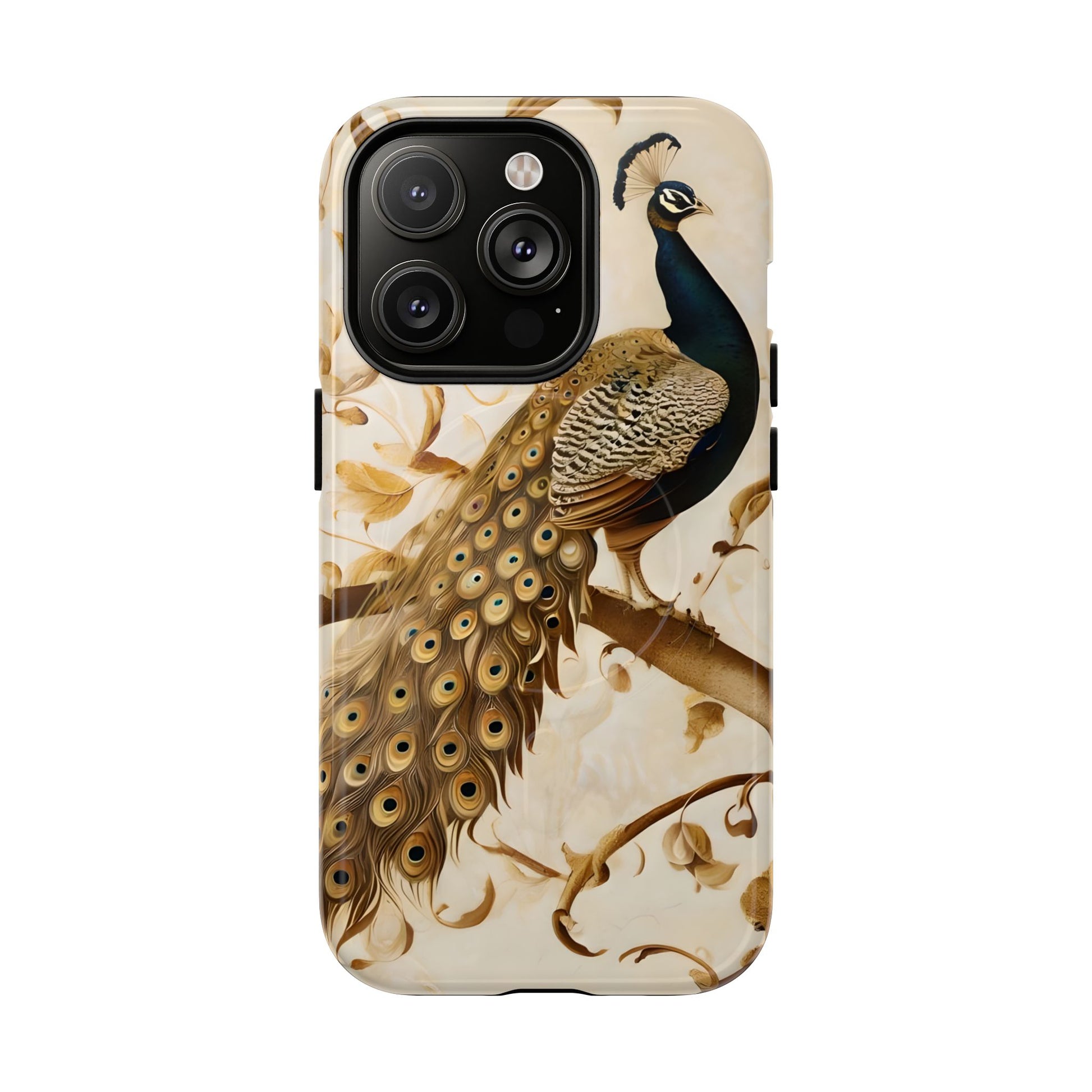 Golden Plumage - Luxe Peacock Art iPhone 14 Pro Phone Case - MagSafe Compatible - Elegant Gold & Cream Design