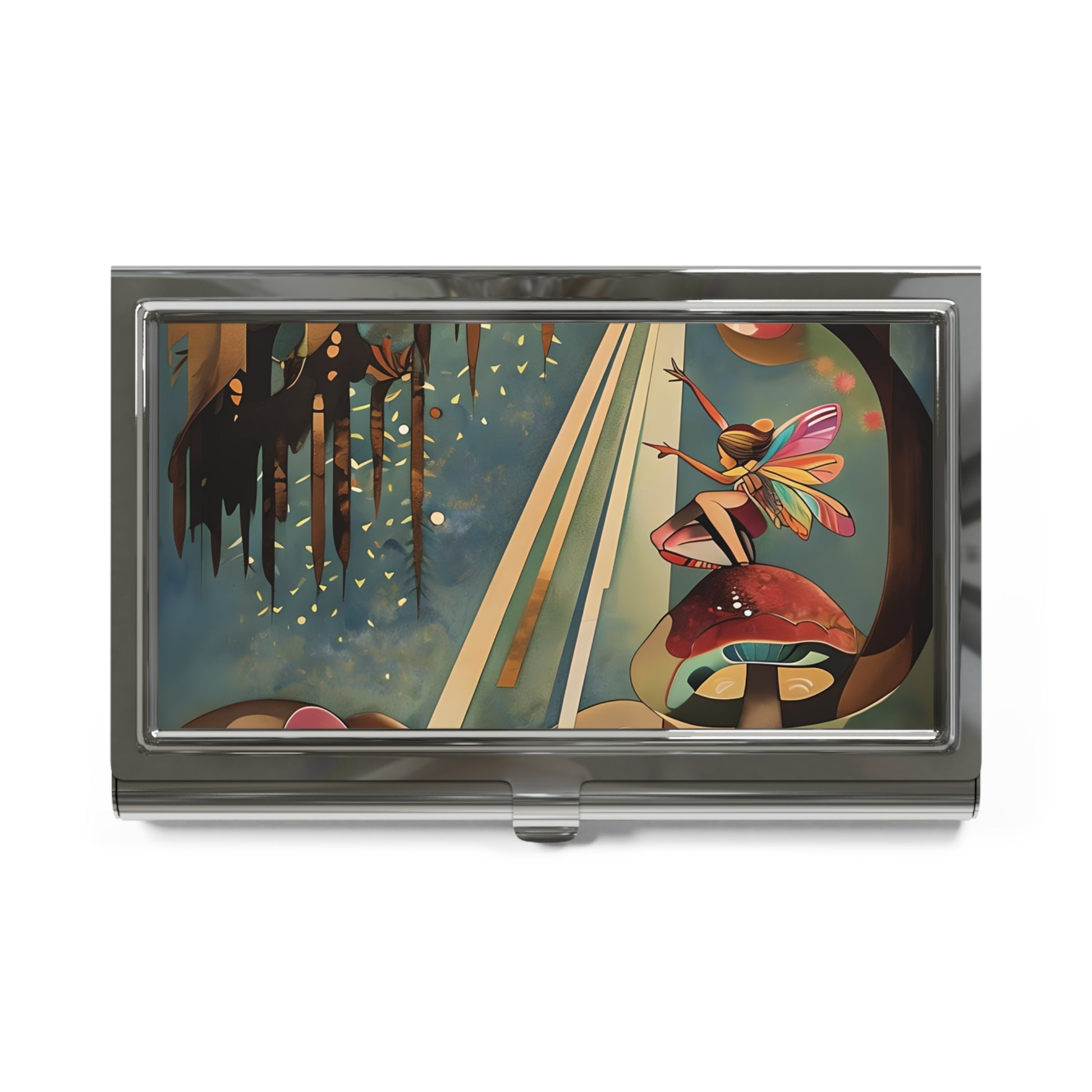 Enchanted Orchard whimsical fairy and mushroom illustration business card holder closed top view