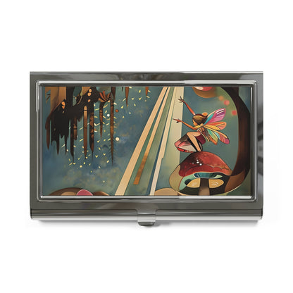 Enchanted Orchard whimsical fairy and mushroom illustration business card holder closed top view