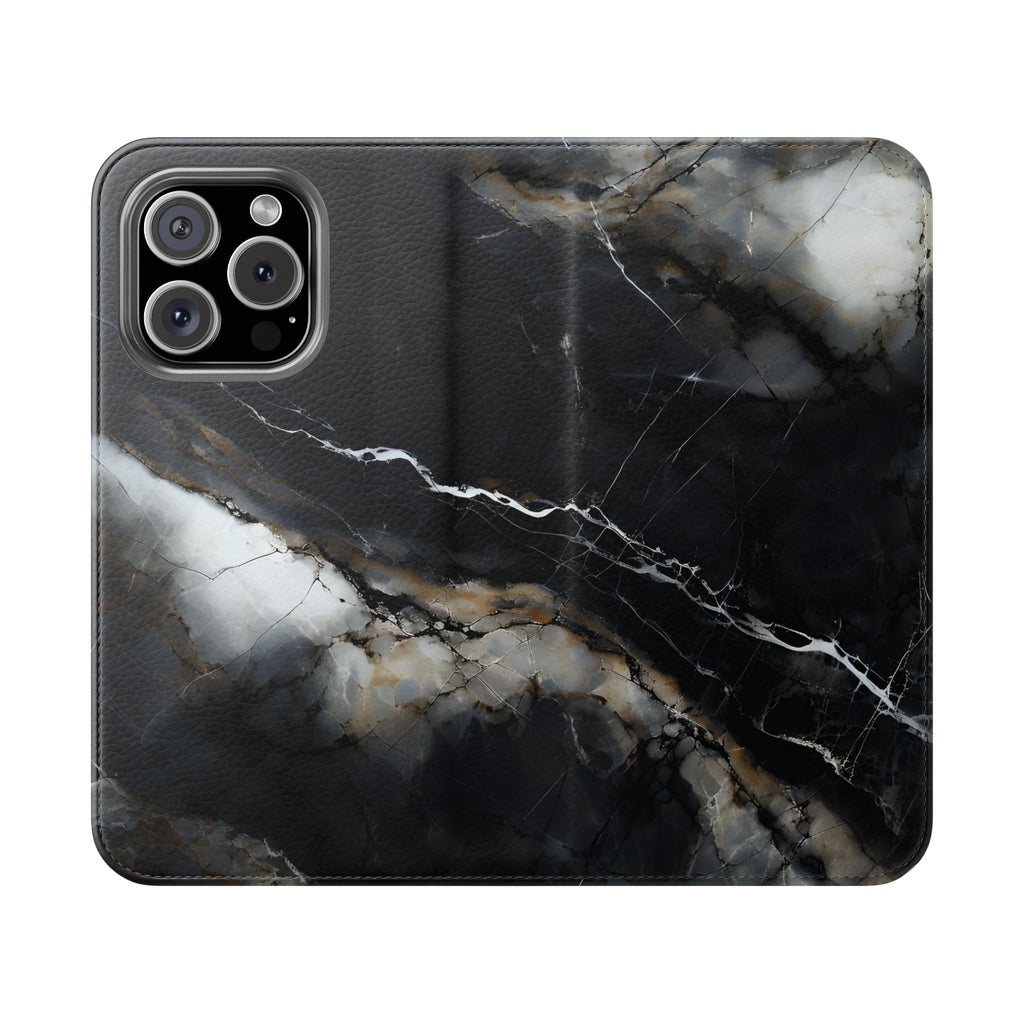 Obsidian Vein Wallet Phone Case - Black & White Marble - Flip Cover for iPhone 16 Pro