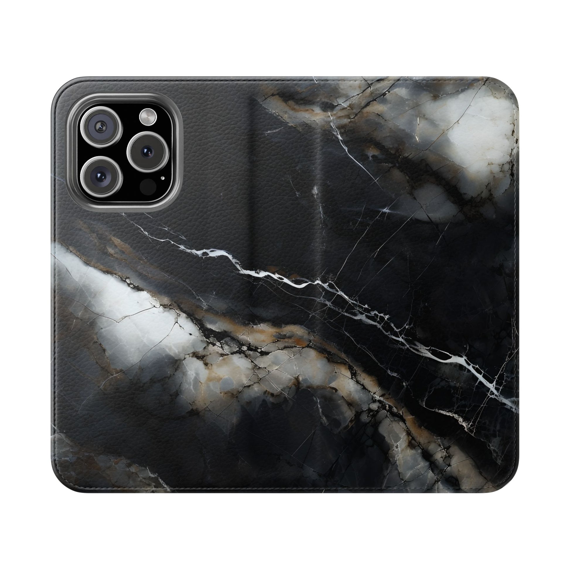 Obsidian Vein Wallet Phone Case - Black & White Marble - Flip Cover for iPhone 16 Pro