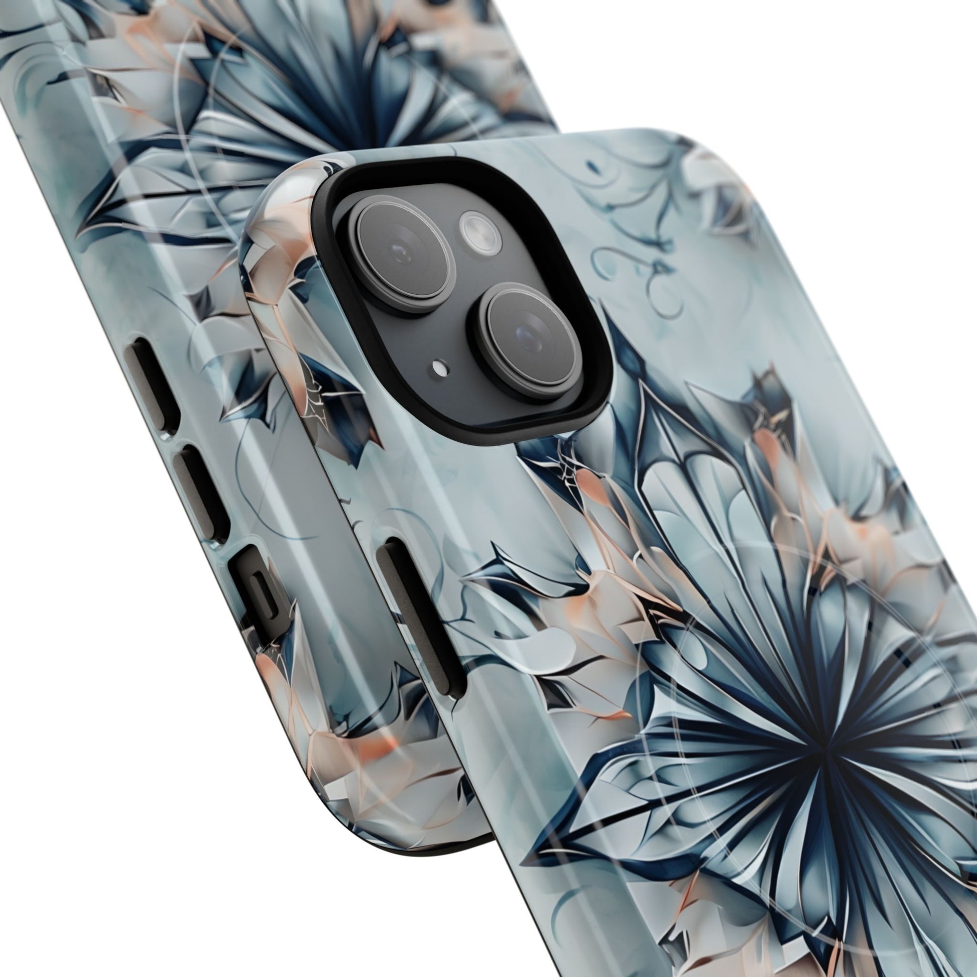Indigo Mirage - Artistic Kaleidoscope Collection Artistic Floral - iPhone 15 Plus MagSafe Phone Case -Bold Indigo Symmetrical Design