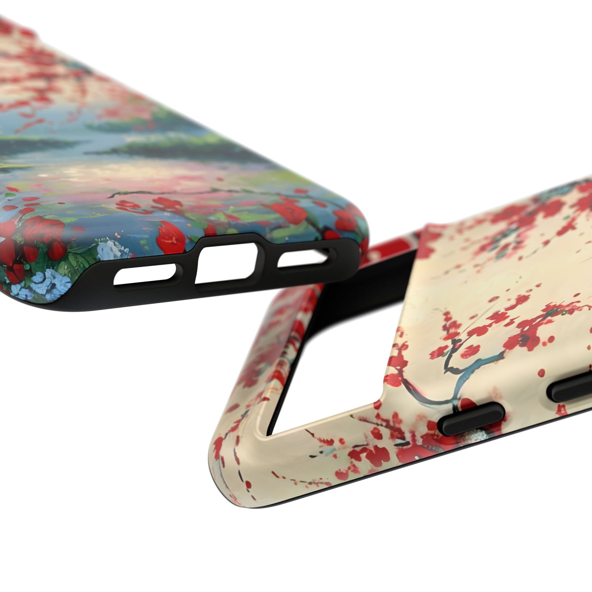 Crimson Blossom Lake - Artistic Floral Landscape Google Pixel 8 Tough Phone Case - Red Cherry Blossoms & Serene Lake Design